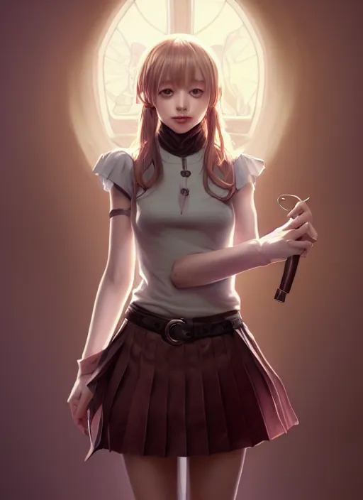 Image similar to portrait of a full body of beautiful young female detective, d & d, sleeveless turtleneck, pleated skirt, fantasy, flat lighting, intricate, highly detailed, digital painting, artstation, concept art, smooth, sharp focus, illustration, misa amane, art by simon bisley and greg rutkowski and alphonse mucha, natural tpose