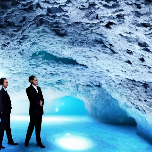 Image similar to rich businessmen inside the cave, blue crystals