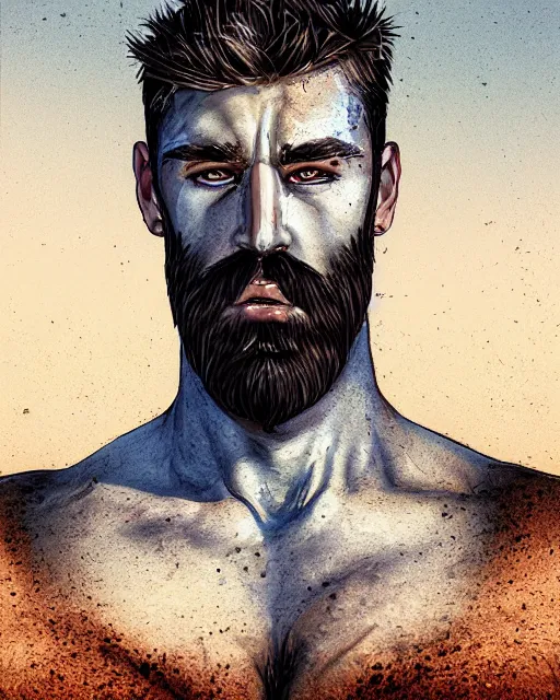 Image similar to portrait of muscular, tired and alcoholic 3 0 - year - old handsome man with short darkblonde hair, serious sad look in his eyes, looking down, dirty beard, blue eyes, crying tears, wearing dirty soldier uniform, on the desert, sad atmosphere, hyper realistic face, character art, art by mark brooks, cryengine, trending on artstation, digital art