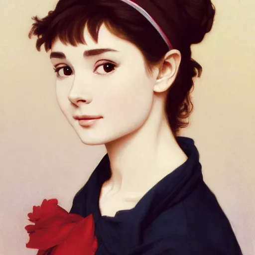 Prompt: A masterpiece head and shoulders portrait of Audrey Hepburn by William Adolphe Bouguereau and Makoto Shinkai