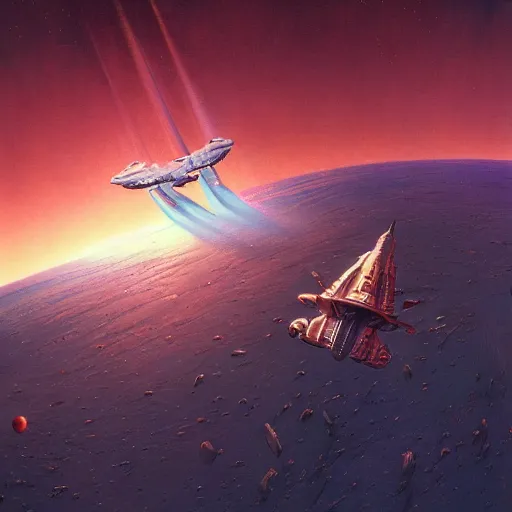 Prompt: cinematic view of a retrofuturistic spaceship orbiting an earth - like planet, tim hildebrandt, wayne barlowe, syd mead, john harris, bruce pennington, donato giancola, larry elmore, oil on canvas, artstation, pixiv, cinematic composition, dramatic, beautiful lighting, sharp, details, hd, hdr, 4 k