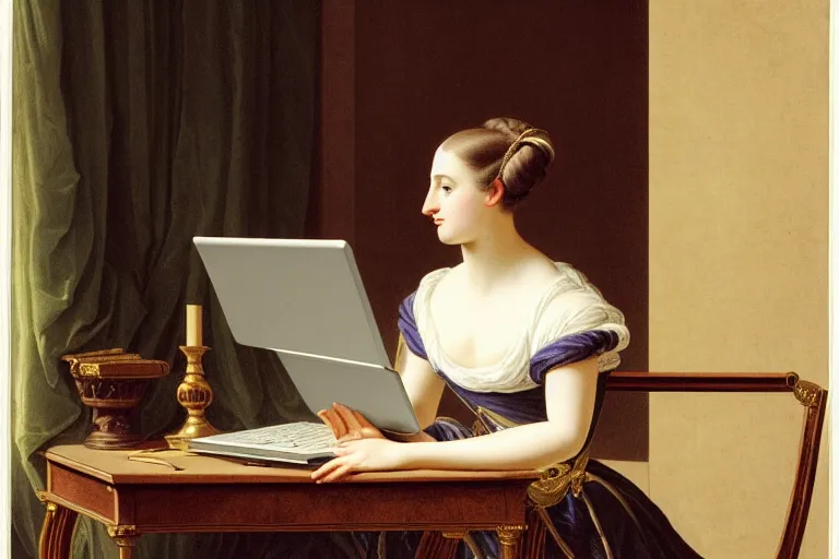 Prompt: 1 8 0 1 lady on her laptop at her desk by vittorio reggianini, georgian dress, directoire style, regency, empire silhouette, bright lighting, perfectly detailed eyes, beautiful hands, pale skin, clear face