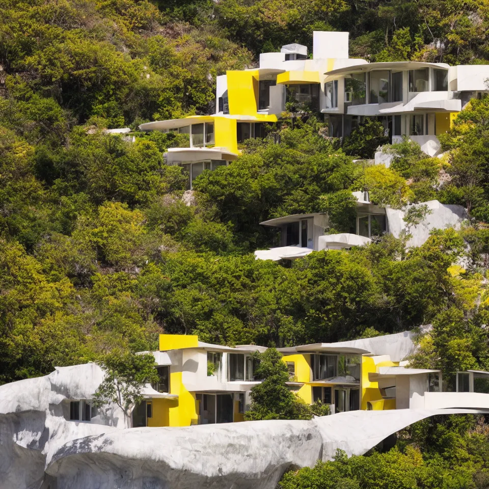 Image similar to a mid-century modern house on a cliff, designed by Frank Gehry. Big tiles. Small wooden pathway . Film grain, cinematic, yellow hue