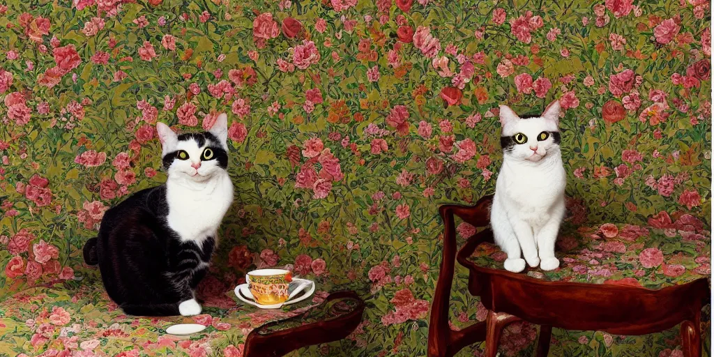 Prompt: portrait of a cat on a chair at a coffee table full of food, flowery wallpaper, beautiful sunny day, 1 8 8 0 s style