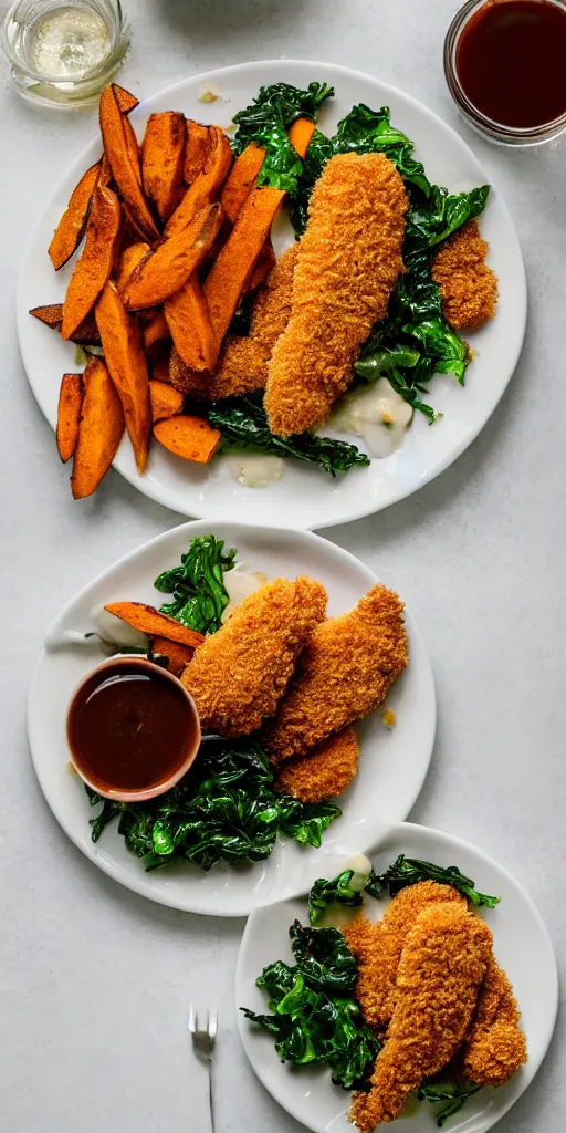 Prompt: A soft focus photo of beautiful, delicious-looking chicken tenders with a side of sweet potato hash and collared greens, three MICHELIN stars, presented on a white-colored plate on top of a mocha-colored table, 80mm lens, f/2.8