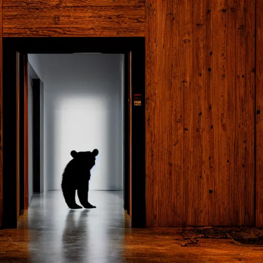 Image similar to dark photograph of a small bear mascot walking through a large wooden doorway