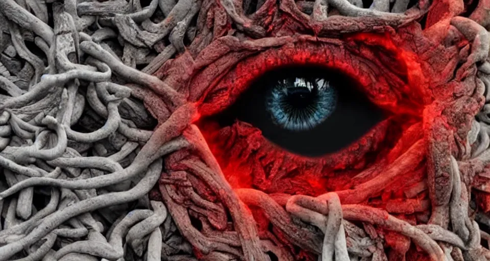 Prompt: a volcano made of ivory vines and crimson rocks enters in eruption, it spits a smoke in the shape of demonic eye, by schizophrenia patient