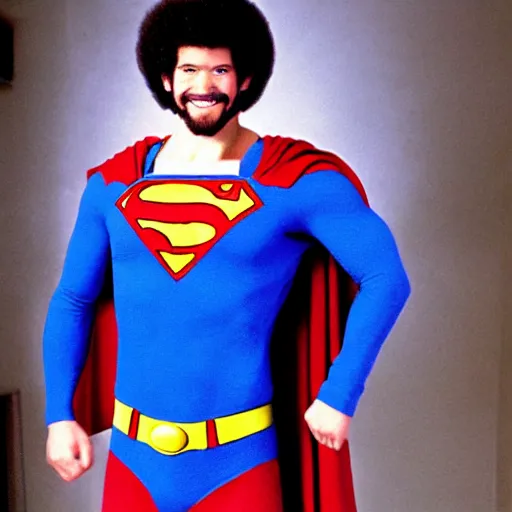 Image similar to bob ross dressed up as superman