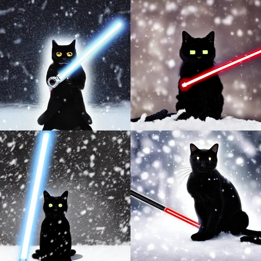 Prompt: a photo of a black cat wearing sunglasses as a jedi holding lightsaber in a snowy background