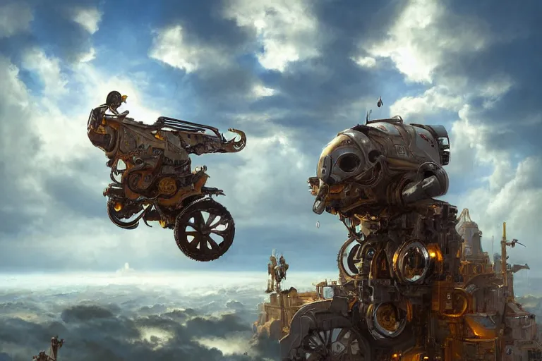 Image similar to an epic fantasy detailed illustration of an unmanned flying robotic vespa scooter among the clouds by alejandro burdisio and michael whelan, industrial, hydraulics, prosthetics, 4K, golden hour hues