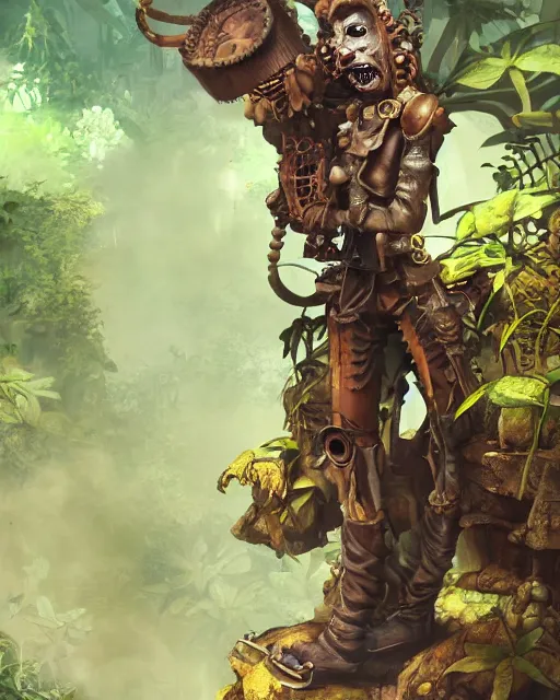 Prompt: illustration of a steampunk zombie warrior in a jungle environment, art by gret rutkowski and studio ghibli and pablo picasso, octane render, trending on artstation, golden ratio, anatomy, studio ghibli color scheme