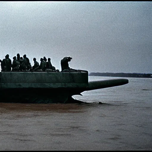 Prompt: film still, close up, nuclear submarine rising out of muddy vietnam river, face covered in mud, low camera angle at water level, night time, film still from apocalypse now ( 1 9 7 9 ), 2 6 mm,