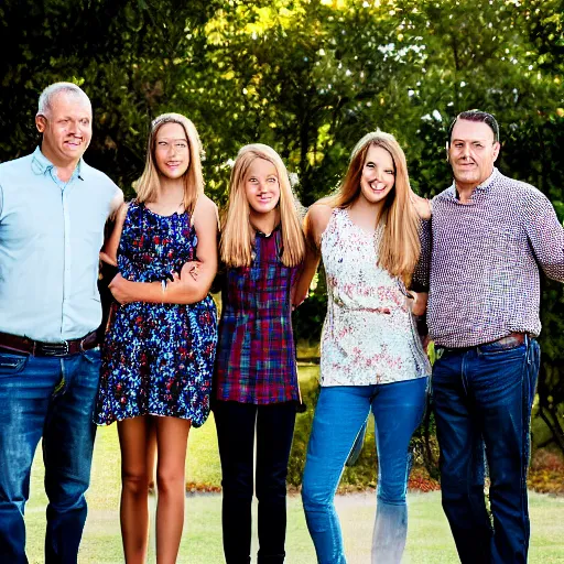 Prompt: a father and his five daughters, high quality photograph, family photo, professional quality