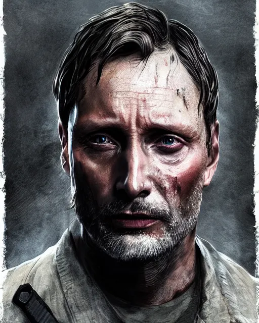 Prompt: mads mikkelson as clifford unger from death stranding wearing military fatigues, weeping tears of tar, mysterious portrait, cinematic lighting, black background, digital painting photoshop, ultra detailed hdr 8 k