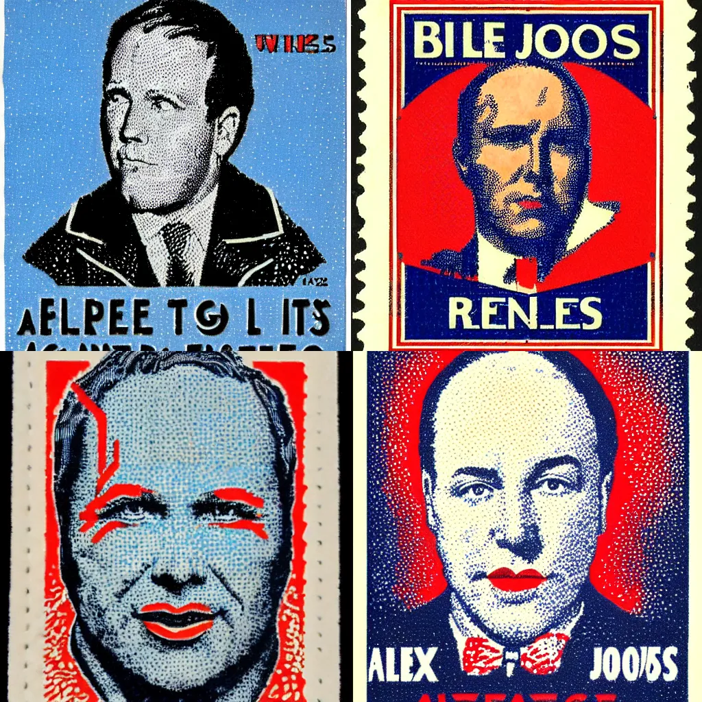 Prompt: alex jones pointillism stamp, vintage, precise stippling, cross - hatching, face of alex jones, blue and red two - tone, retro label, vintage art deco, 1 9 2 0 s advert