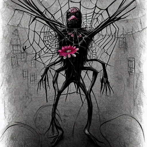 Prompt: surrealism grunge cartoon sketch of a human spider with a wide smile holding flowers by - michael karcz, loony toons style, horror theme, detailed, elegant, intricate