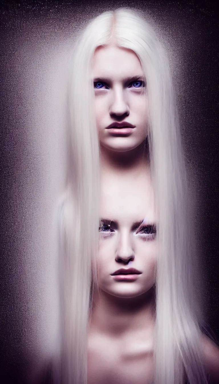 Image similar to photo portrait of a young woman with long blond hair dressed in long white, fine art photography light painting in style of Paolo Roversi, professional studio lighting, dark background, hyper realistic photography, fashion magazine style