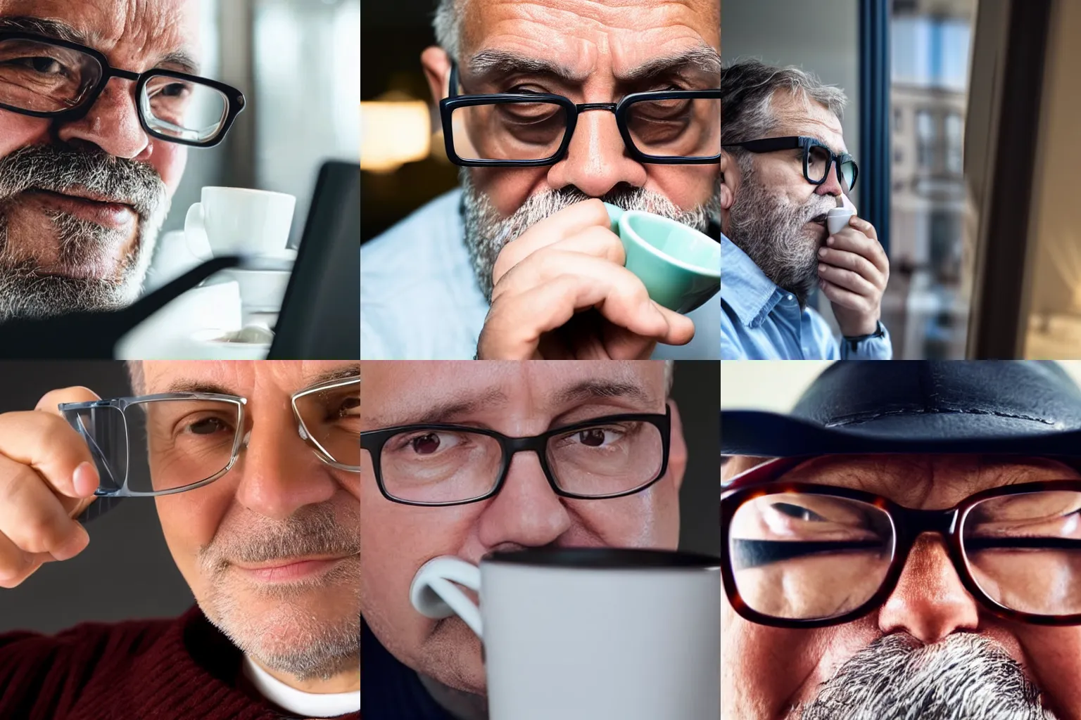 Prompt: a close up of a middle aged man sipping coffee with a computer screen reflected in his glasses