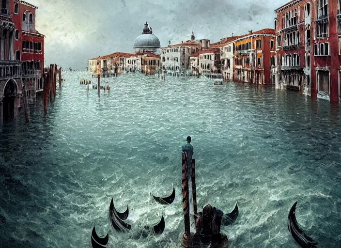 Prompt: Venice almost flooded, sea, calm, dystopic, air shot, interesting perspective, painted by Marc Simonetti