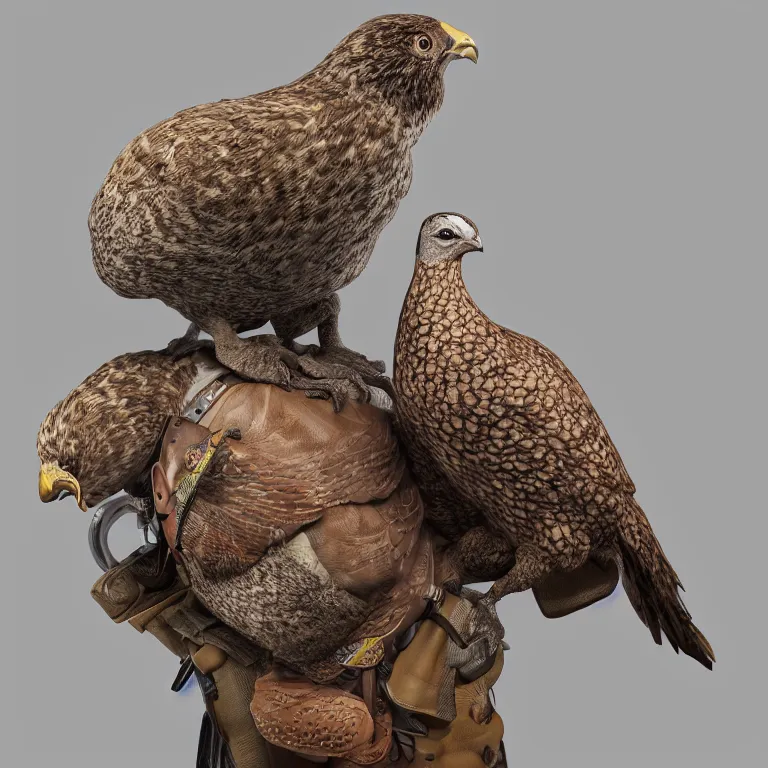 Image similar to a 3 d model of a grouse holding a blunderbuss, studio lighting, octane render, hyper detailed, product photography, 8 k, highly detailed