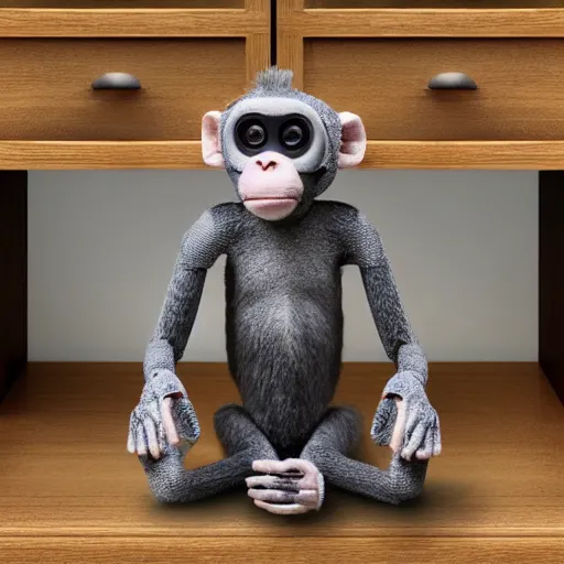 Prompt: small robotic monkey on bookshelf, product photo, detailed, 4k