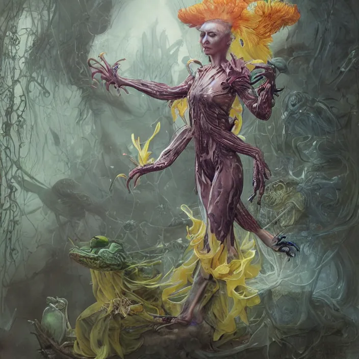 Image similar to a fashion editorial of cate blanchet as a brightly colored harpy amphibian hybrid with wet translucent skin. wearing an black growing organic exosuit. by tom bagshaw, donato giancola, hans holbein, walton ford, gaston bussiere and peter mohrbacher. 8 k, cgsociety