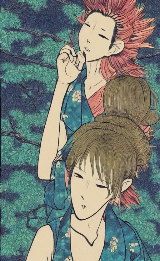 Image similar to by akio watanabe, manga art, a male writer, willow tree and hill, trading card front, kimono, realistic anatomy, sun in the background