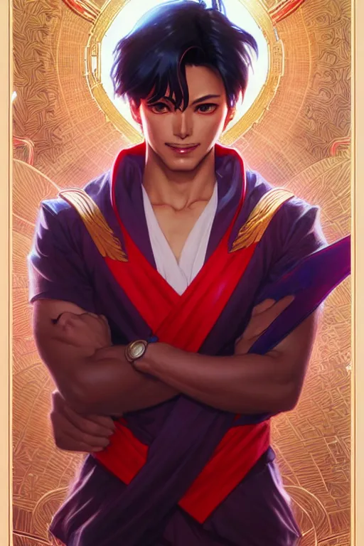 Prompt: a male version of Sailor Mars, fantasy, intricate, elegant, highly detailed, digital painting, artstation, concept art, matte, sharp focus, illustration, art by Artgerm and Greg Rutkowski and Alphonse Mucha