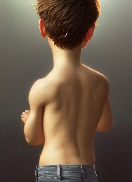 Prompt: perfectly - portrait of a boy from behind, intricate, highly detailed, digital painting, artstation, concept art, smooth, sharp focus, illustration, unreal engine 5, 8 k, art by artgerm and greg rutkowski and alphonse mucha