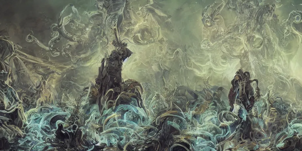 Prompt: portrait of necromancer priest in an invoking ritual in front of a giant cthulhu in a large landscape, intricate, elegant, glowing lights, highly detailed, digital painting, concept art, smooth, sharp focus, illustration, wide - angle portrait, atmospheric lighting, rich deep colors masterpiece, fractal crystals