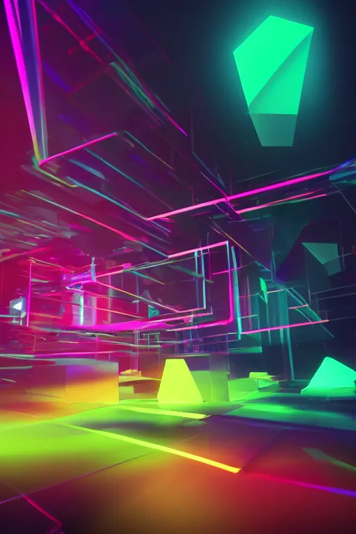 Image similar to very dark image of neon colored abstract 3 d shapes floating in a matte ultra black background, blender maya unreal engine, octane render vray,