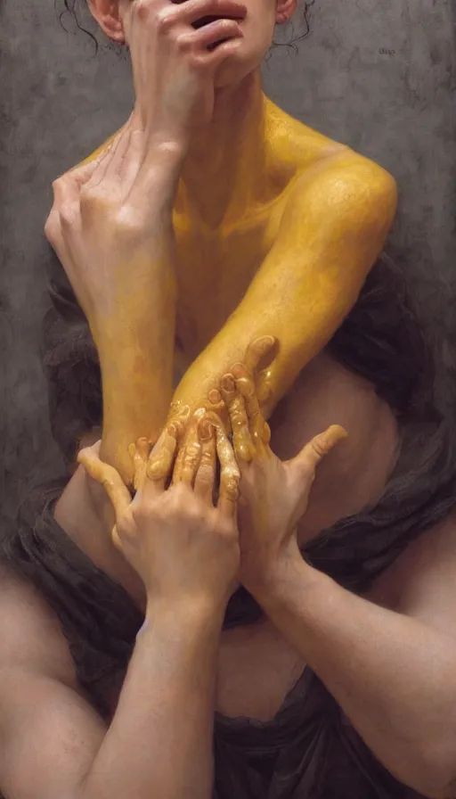 Prompt: epic masterpiece portrait of hands, drama, sweaty skin, hyperrealistic, octane render, cinematic, beautiful and flawless skin, perfect hands, 5 fingers, yellow by Edgar Maxence and Ross Tran and Michael Whelan and Lorenzo Sperlonga, Brom, Legends of Runeterra