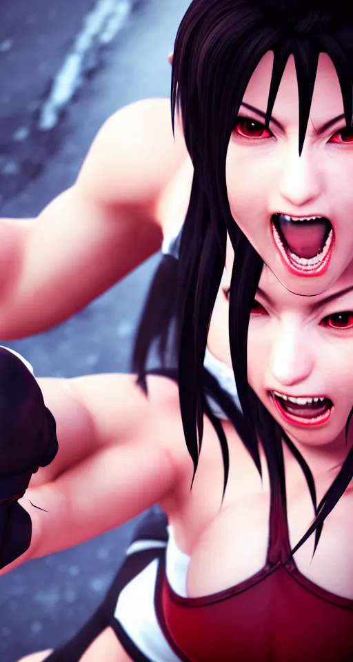 Prompt: closeup portrait of tifa lockheart punching the cameraman, action shot, photorealistic, octane render, hyperdetailed, artstation and pixiv