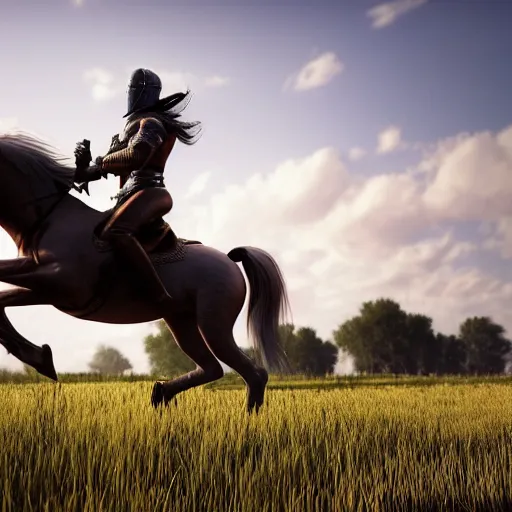 Image similar to knight riding a horse in a field, full 8 k highly detailed unreal engine 5 render