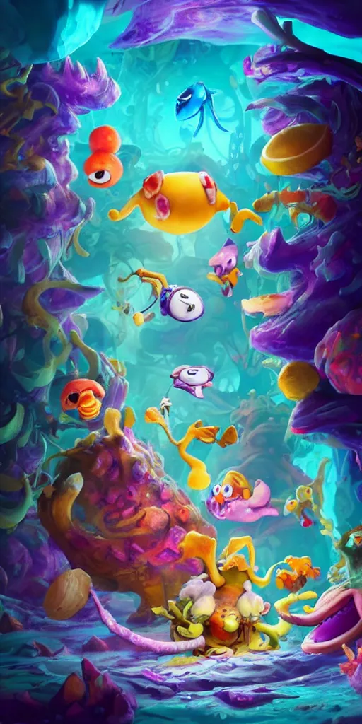 Image similar to rayman and ori in a colorful deep sea cave with strange cute friendly happy creatures with huge eyes, mouth, long tongue and round teeth appearing from sandy coral, in the style of gehry and gaudi, macro lens, shallow depth of field, ultra detailed, digital painting, trending artstation, concept art, illustration, cinematic lighting, photorealism, epic, octane render