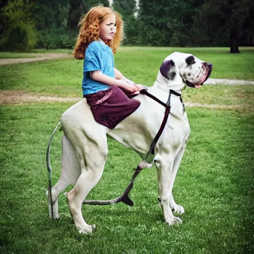 Prompt: girl riding giant great dane in the park, trending on artstation