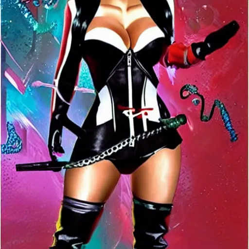 Prompt: kim kardashian as harley quinn, body tight outfit, movie poster,