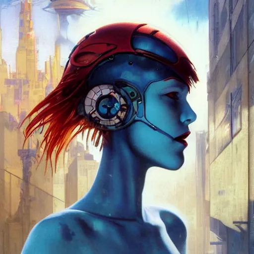 Prompt: vibrant face portrait of a diesel punk Rei Ayanami on the art deco streets of the big city, artstation, award-winning realistic sci-fi concept art by Jim Burns and Greg Rutkowski, Picasso, Beksinski, masterpiece, complimentary colors, James Gilleard, Bruegel, Alphonse Mucha, and Yoshitaka Amano