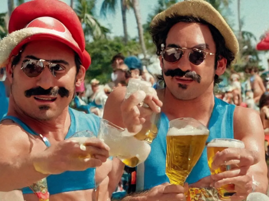 Image similar to Close up of Mario with a beer in a hat in Harmony Korine Spring Breakers film aesthetic!!! photorealistic