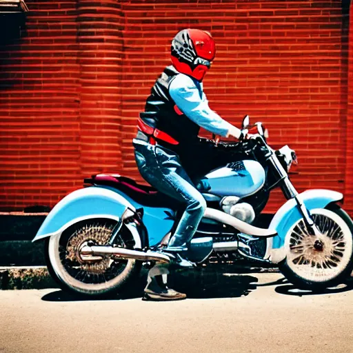 Image similar to blue heeler dog on a motorcycle, 8 k photography, blurred background of a wafflehouse