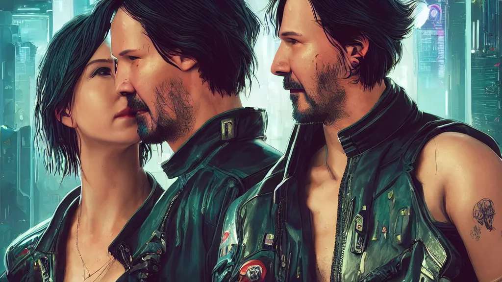 Image similar to a cyberpunk 2077 srcreenshot couple portrait of a Keanu Reeves and a female android final kiss,love,film lighting,by Laurie Greasley,Lawrence Alma-Tadema,Dan Mumford,John Wick,Speed,Replicas,artstation,deviantart,FAN ART,full of color,Digital painting,face enhance,highly detailed,8K,octane,golden ratio,cinematic lighting