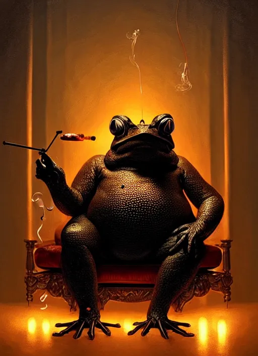 Image similar to portrait of a large black toad smoking a shisha, sitting in an armchair, intricate, elegant, glowing lights, highly detailed, digital painting, artstation, concept art, smooth, sharp focus, art by wlop, mars ravelo and greg rutkowski