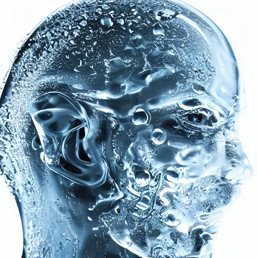 Image similar to a human head made of water, minimalistic logo icon, white background, futuristic, glowing, hyper realistic, ray tracing, realistic water splashes, sharp focus, long shot, 8 k resolution