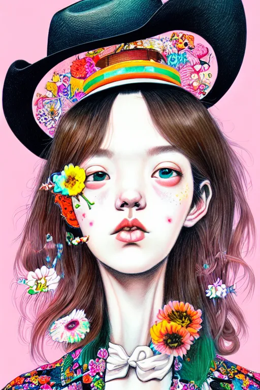 Image similar to girl wearing cowboy hat, style of yoshii chie and hikari shimoda and martine johanna, highly detailed