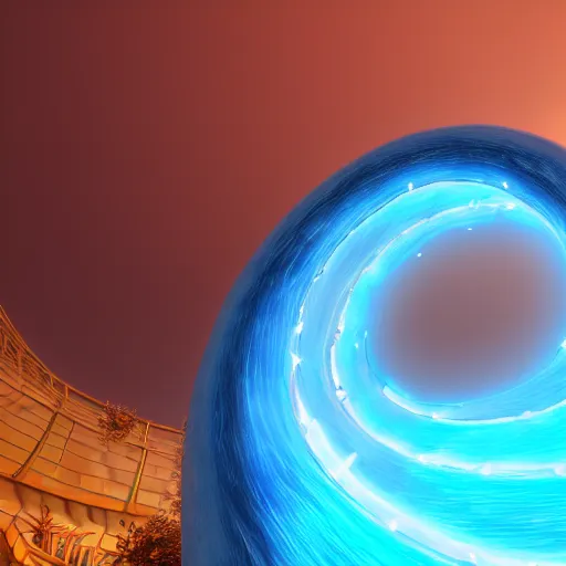 Image similar to Render of a beautiful gigantic radiant blue crystal, spiraling upward, golden hour, serene, far away shot, hyperdetailed, trending on Artstation, Unreal Engine 4k