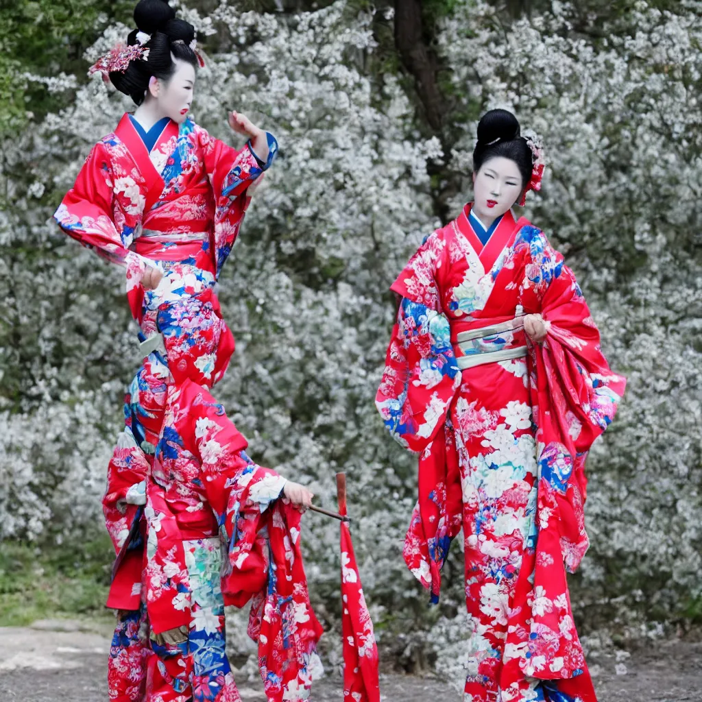 Image similar to Photo of geisha wearing kimono and playing basketball