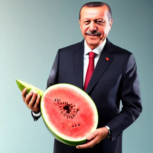 Image similar to recep tayyip erdogan smiling holding watermelon, studio photograph, hd, studio