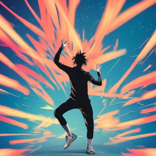 Image similar to man hitting the ground creating a explosion, anime, album cover, musical notes