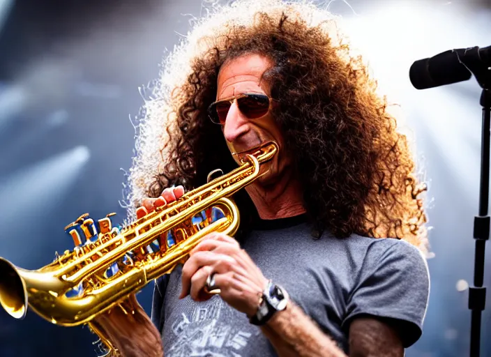 Image similar to photo still of kenny g on stage at vans warped tour!!!!!!!! at age 3 8 years old 3 8 years of age!!!!!!! playing saxophone, 8 k, 8 5 mm f 1. 8, studio lighting, rim light, right side key light