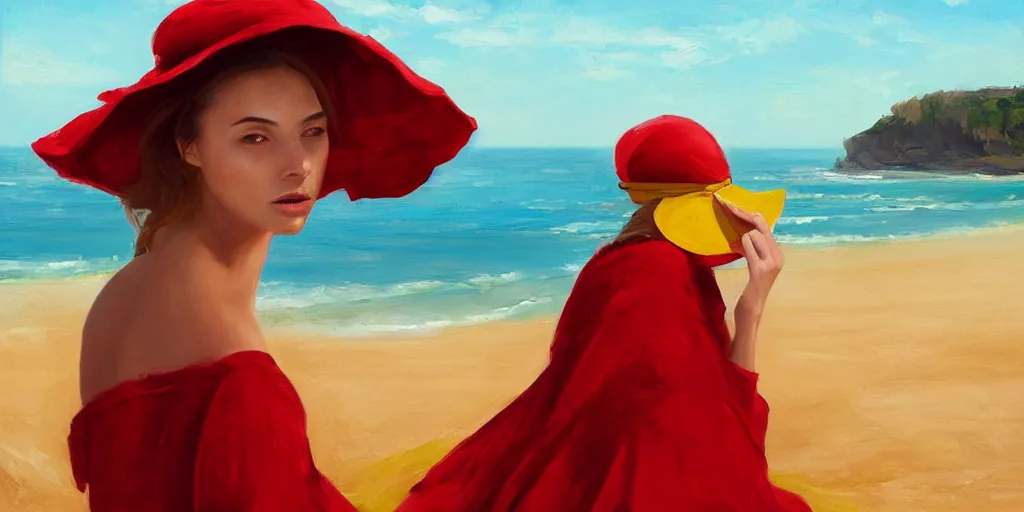 Image similar to beautiful oil matte portrait painting, young woman with red dress and mustard yellow summer hat at a beach on a sunny day, wonderful masterpiece highly detailed, beautiful cinematic light deep focus, elegant, digital painting, smooth, sharp focus, golden ratio, dramatic illumination, ultra realistic, 8 k, art by jimmy law